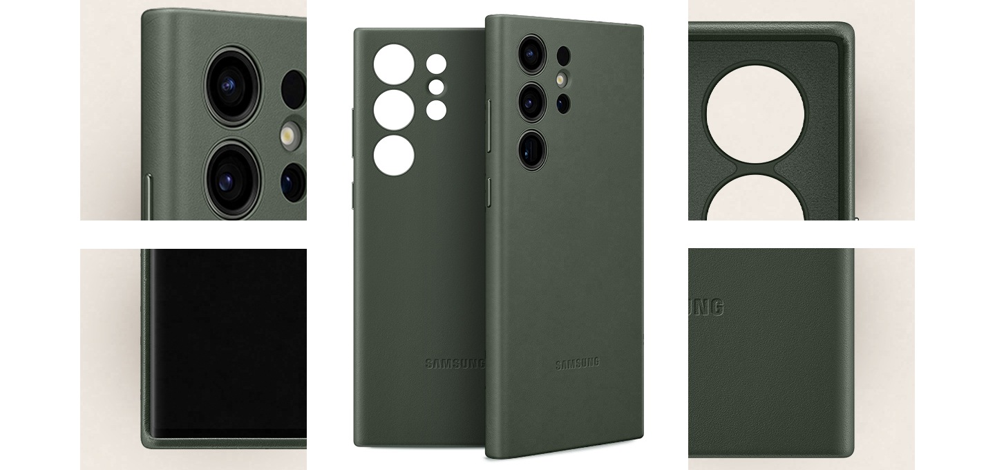 중앙에는 뒷면으로 놓인 두 개의 레더 커버가 있습니다. 그들 중 하나는 갤럭시 S23 Ultra 기기를 감싸고 있고, 다른 하나는 그 옆에 세워져 있습니다. 레더 커버의 각 가장자리를 보여주는 줌인 컷이 중앙의 이미지를 둘러싸고 있습니다. 