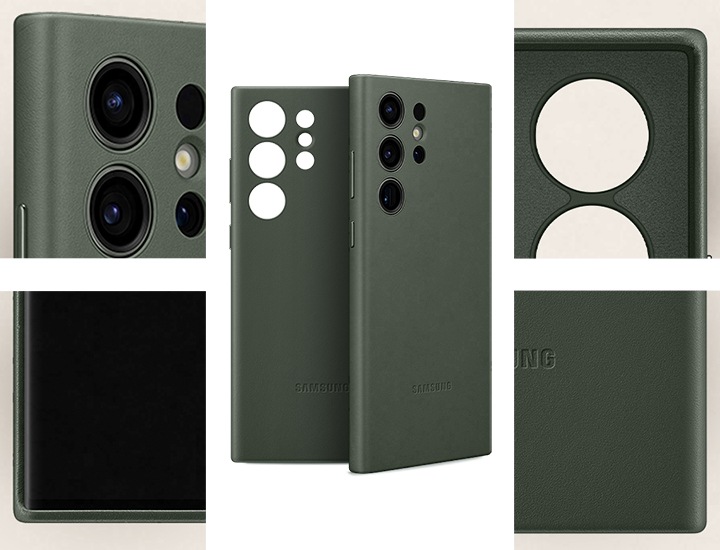 중앙에는 뒷면으로 놓인 두 개의 레더 커버가 있습니다. 그들 중 하나는 갤럭시 S23 Ultra 기기를 감싸고 있고, 다른 하나는 그 옆에 세워져 있습니다. 레더 커버의 각 가장자리를 보여주는 줌인 컷이 중앙의 이미지를 둘러싸고 있습니다. 