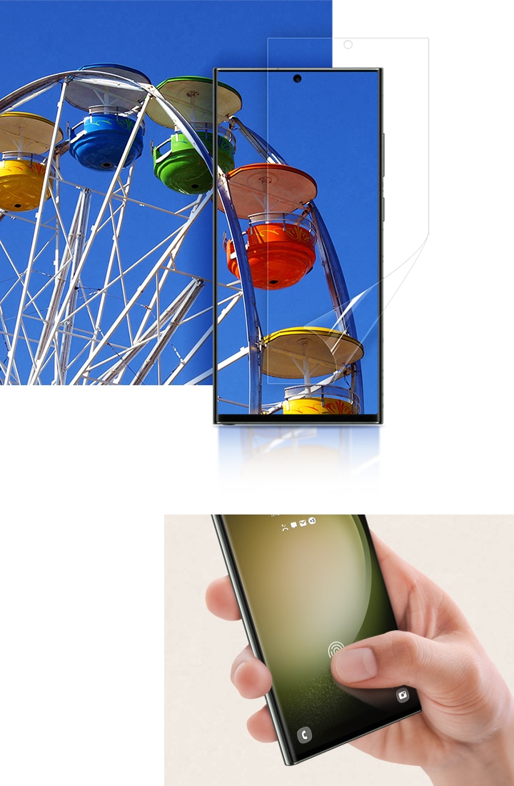 스크린 프로텍터가 부착된 스마트폰을 엄지 손가락으로 부드럽게 터치하여 화면의 감도를 확인하고 있습니다. 스크린 프로텍터가 부착된 갤럭시 S23 Ultra 스마트폰은 투명하고 선명한 시야를 제공한다는 의미에서 화면에 화려한 이미지를 띄우고 있습니다.
