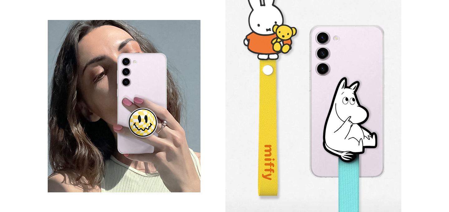 맞춤형 디자인의 그립 스탠드를 사용하여 갤럭시 S23+ 폰을 들고 있는 여성이 있습니다. 손목 및 슬링 스트랩에 대한 다양한 브랜드 디자인이 표시되어있습니다.