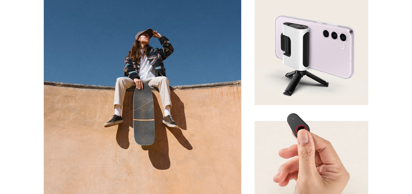 한 손으로 스케이트보드를 들고 벽 위에 앉아 있는 여성이 보입니다. 리모콘을 사용하여 손과 카메라 그립 스탠드가 보입니다.