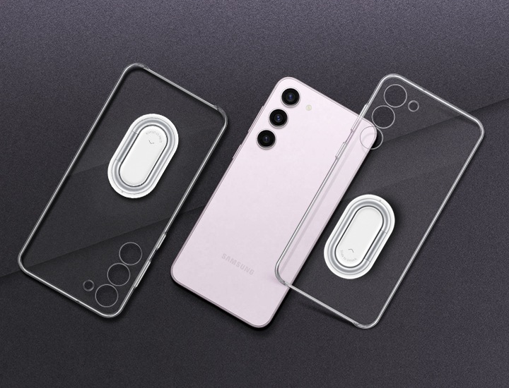 두 개의 클리어 가젯 커버가 기기 위에 떠 있고, 갤럭시 S23+ 스마트폰의 후면 모습은 케이스의 투명도와 선명도를 강조합니다.