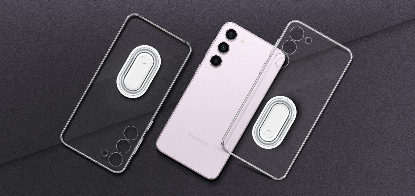 두 개의 클리어 가젯 커버가 기기 위에 떠 있고, 갤럭시 S23+ 스마트폰의 후면 모습은 케이스의 투명도와 선명도를 강조합니다.