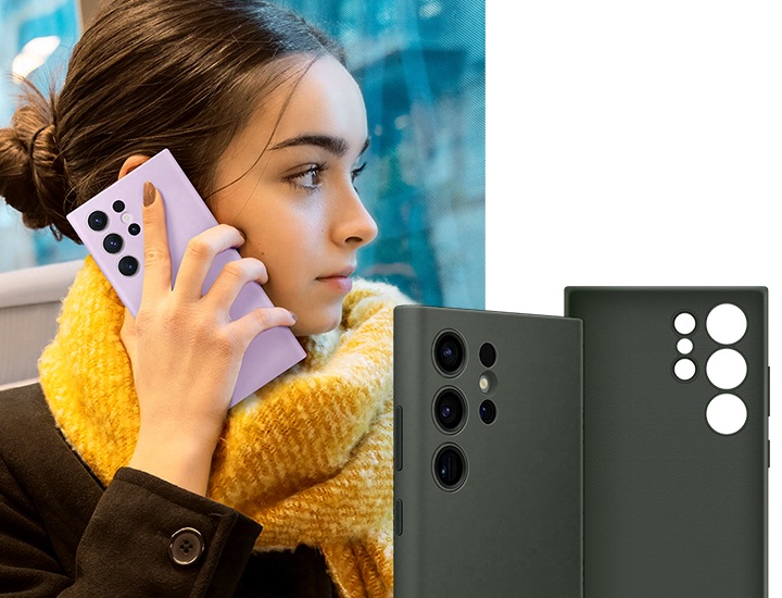 실리콘 커버를 착용한 갤럭시 S23+ Ultra 스마트폰을 한 여성이 귀에 가까이 대고 있습니다. 커버 내부와 외부의 클로즈업이 표시됩니다.