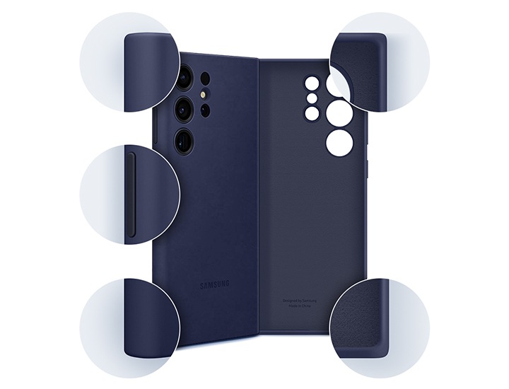 실리콘 커버의 앞면과 뒷면이 그 주변의 가장자리가 자세히 확대되어 표시됩니다.