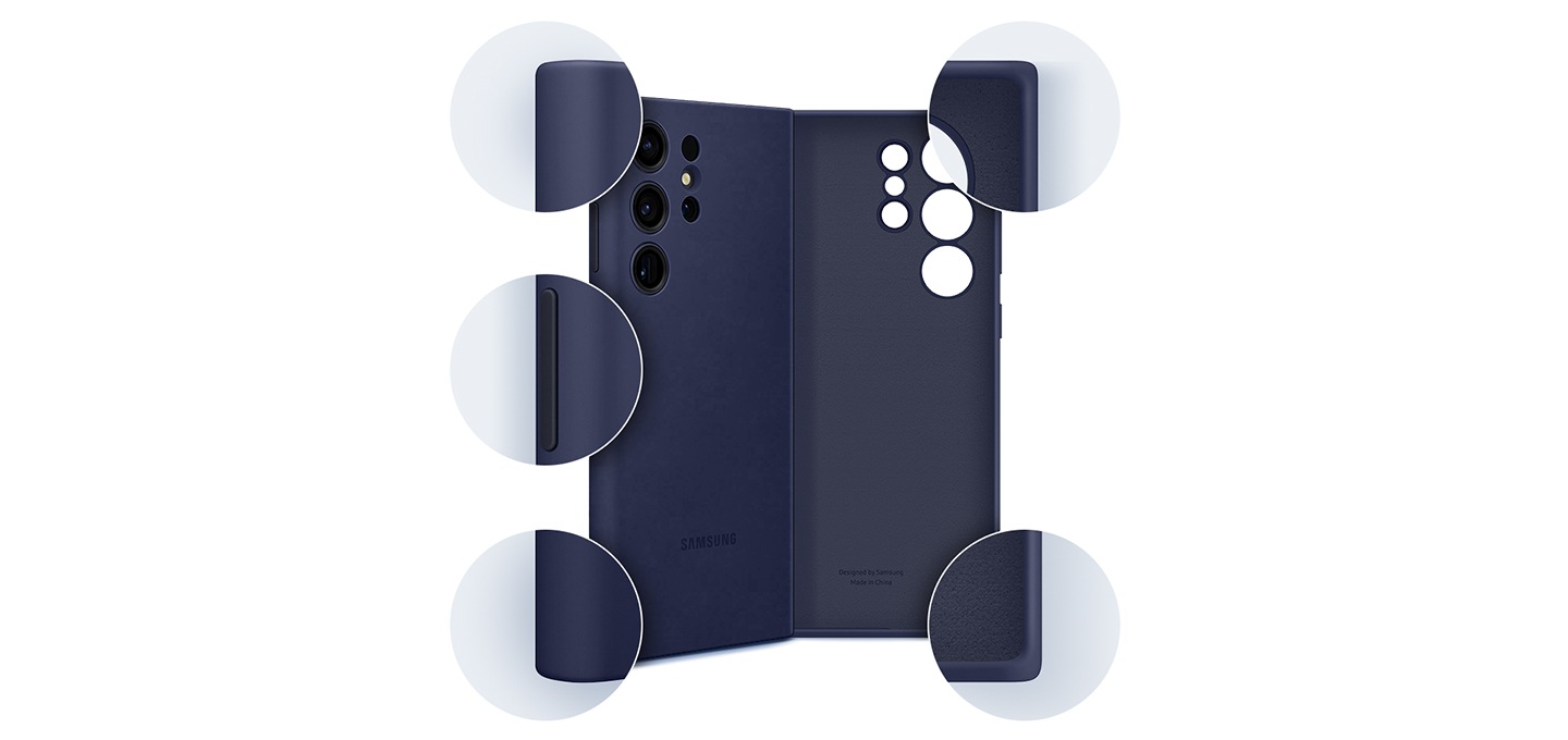 실리콘 커버의 앞면과 뒷면이 그 주변의 가장자리가 자세히 확대되어 표시됩니다.