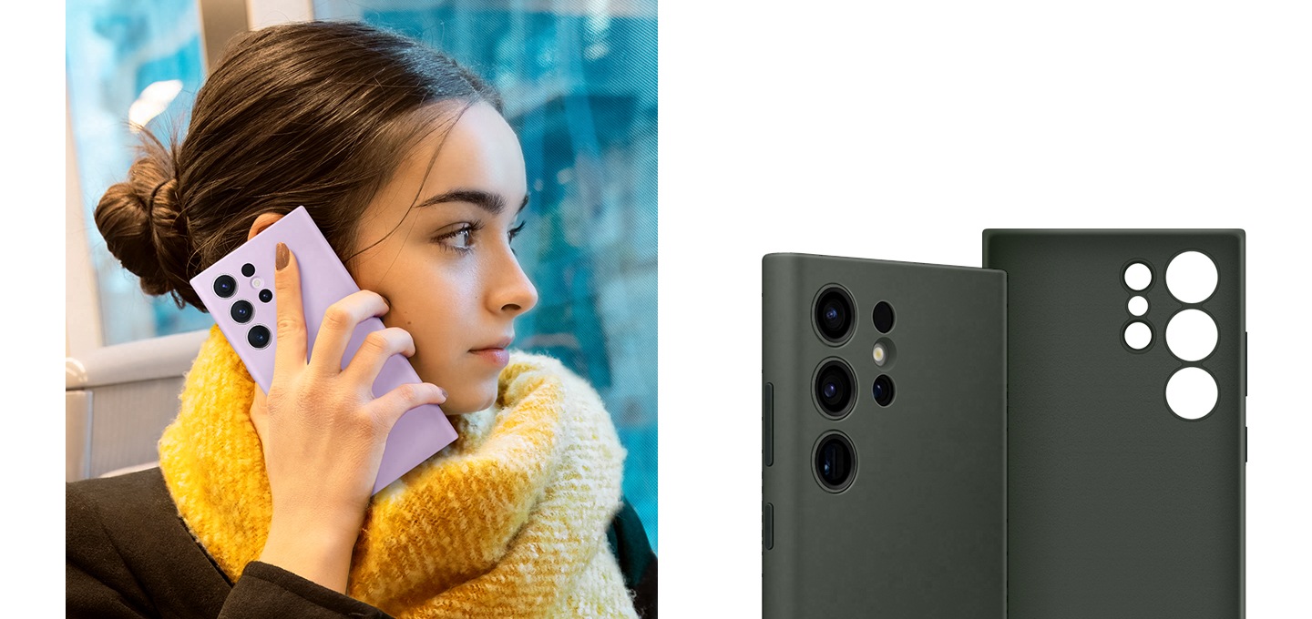 실리콘 커버를 착용한 갤럭시 S23+ Ultra 스마트폰을 한 여성이 귀에 가까이 대고 있습니다. 커버 내부와 외부의 클로즈업이 표시됩니다.