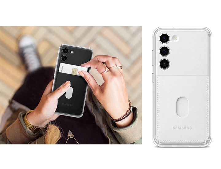 커버의 카드 슬롯에서 카드를 꺼내는 손과 백플레이트의 후면도가 표시됩니다.