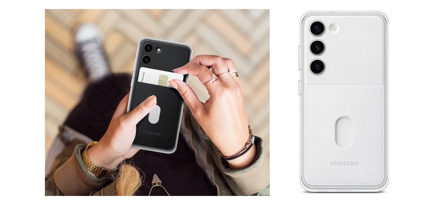 커버의 카드 슬롯에서 카드를 꺼내는 손과 백플레이트의 후면도가 표시됩니다.