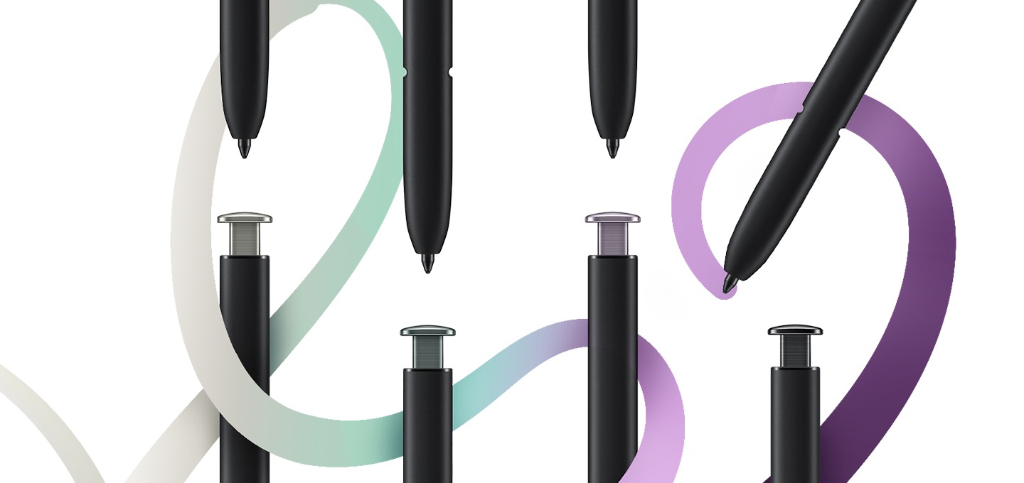 크림, 그린, 라벤더, 팬텀 블랙, 4가지 색상의 S펜 펜촉과 색상별 끝단이 나열되어 있습니다. 