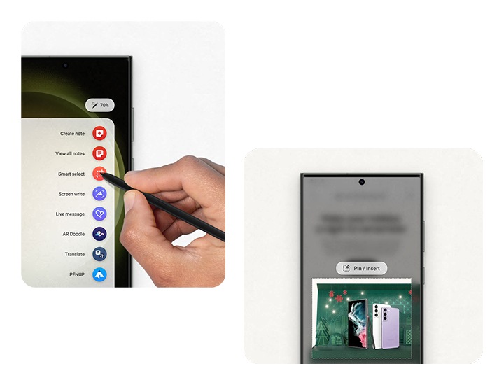 한 화면에 다양한 S펜 기능이 포함된 에어 커맨드 메뉴가 나타나 있습니다. 다른 화면에는 S펜의 스마트 셀렉트 기능으로 삼성 웹페이지의 일부가 사각형 모양으로 강조되어 있습니다.