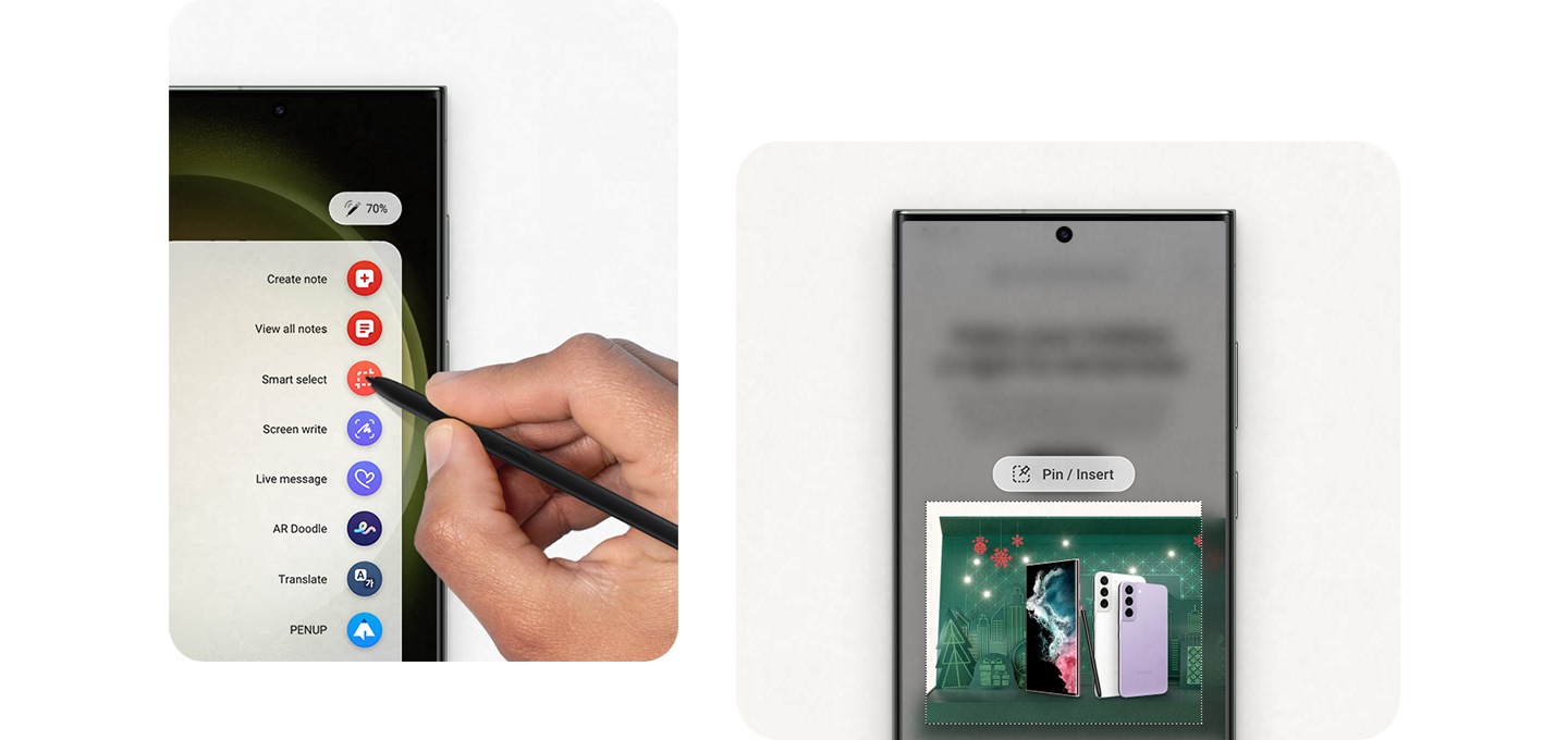 한 화면에 다양한 S펜 기능이 포함된 에어 커맨드 메뉴가 나타나 있습니다. 다른 화면에는 S펜의 스마트 셀렉트 기능으로 삼성 웹페이지의 일부가 사각형 모양으로 강조되어 있습니다.