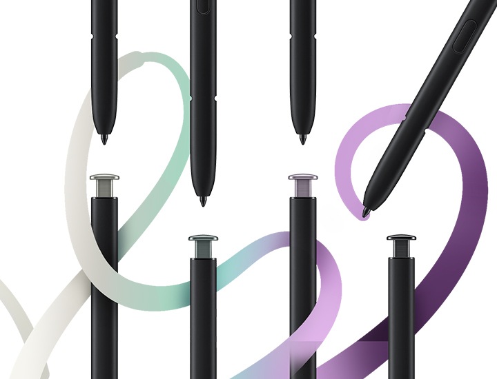 크림, 그린, 라벤더, 팬텀 블랙, 4가지 색상의 S펜 펜촉과 색상별 끝단이 나열되어 있습니다. 
