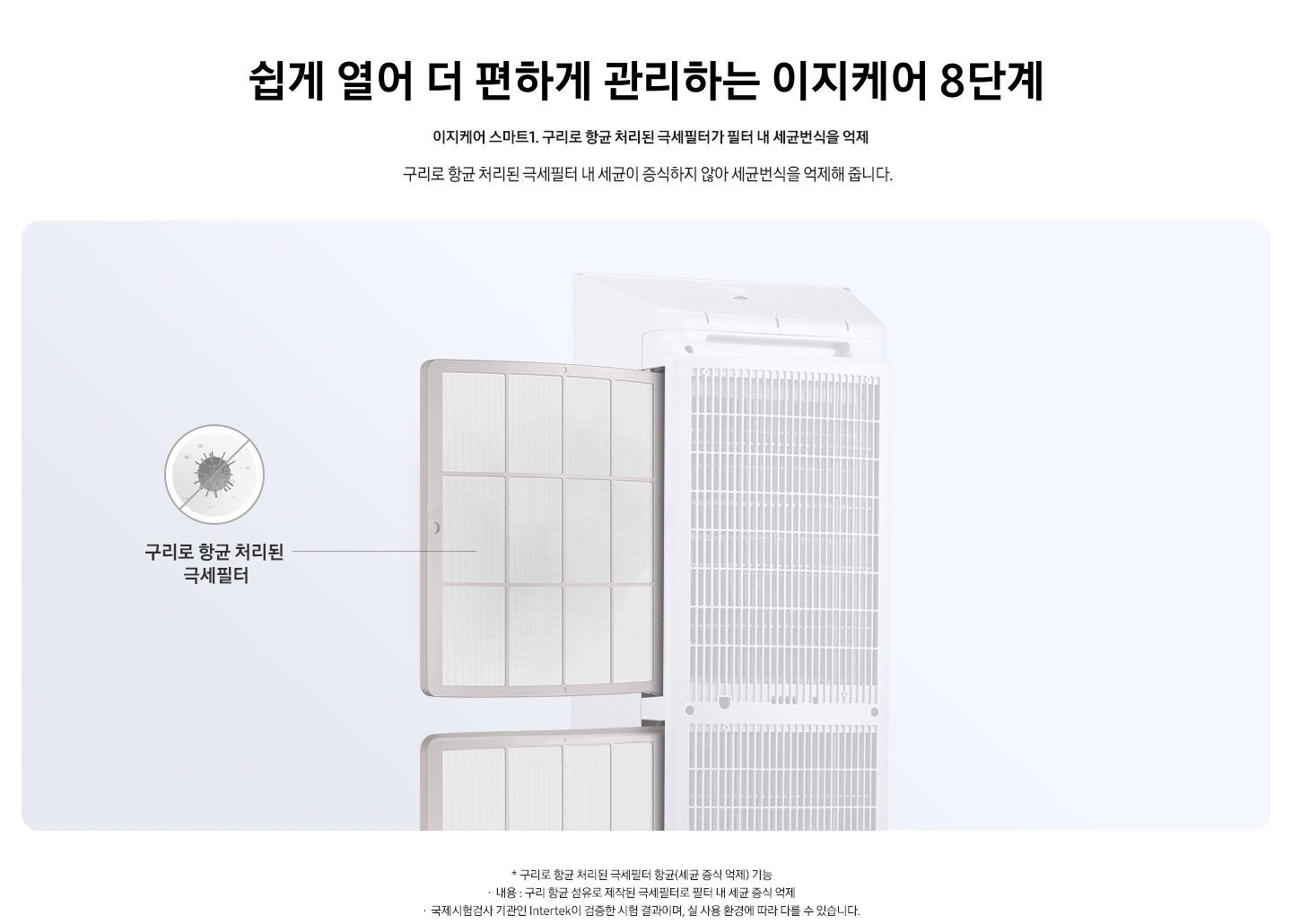쉽게 열어 더 편하게 관리하는 이지케어 8단계 이제케어1. 향균구리 극세필터로 99.9% 향균 기존 극세 필터에 황화구리 성분의 원사를 적용하여 산화가 일어나지 않으면서 강력한 항균 효과를 가집니다. 설명 문구가 보여집니다. 에어컨의 뒷면에서 항균구리 극세필터를 빼는도중의 모습을 보여주고 있으며 항균구리 극세필터 99% 항균 문구가 보여집니다.  하단 참고 사항 1. 항균구리 극세필터 항균 (세균 증식 억제) 기능· 내용 : 구리 항균섬유로 제작된 극세필터로 필터 내 세균 증식 억제 2.시험결과 : 항균구리 극세필터에서 황색포도상구균, 폐렴간균 99.9 %, 증식 억제 3.시험조건 : 시험균을 항균구리 극세필터에 주입한 후 18시간 뒤 항균력이 없는 표준면포에 균을 주입한 경우와 비교해 균의 성장이 억제된 정도(정균감소율)를 계산하였습니다. 4. 시험환경 : 온도 37±1 ℃ (증식에 유리한 온도) 5. 대상모델 : 항균구리 극세필터 원단 6. 참조규격 : KS K 0693:2016· 국제시험검사기관인 Intertek이 검증한 실험 결과이며, 실사용 환경에 따라 다를 수 있습니다.