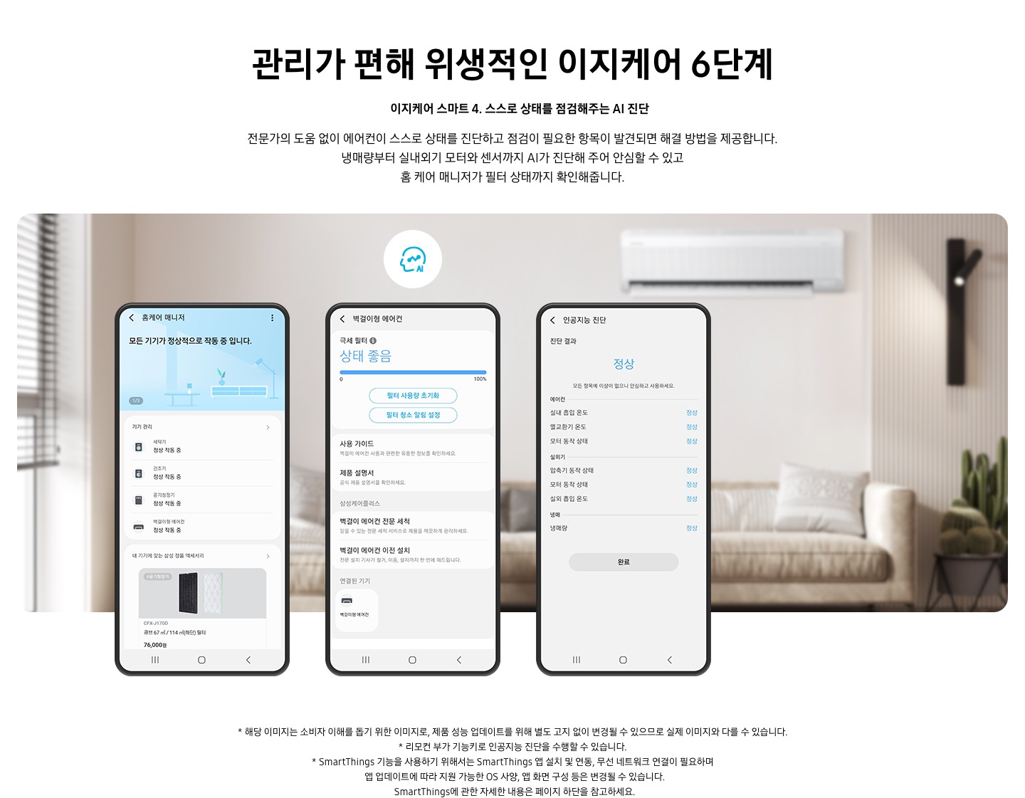 관리가 편해 위생적인 이제케어 6단계 [이지케어 스마트 ④] 스스로 상태를 점검해주는 AI 진단 문구가 보여지며, 빅데이터를 기반으로 최적의 쾌적을 제공할 뿐 아니라, 사용자의 피드백을 학습하여 나에게 딱 맞는 AI 쾌적을 제공합니다.  초기 운전 시 과냉방이 감지된 경우 억제 알고리즘을 적용하여 과냉방 운전 대비 최대 20 % 절전 효과가 있고, 환기가 필요한 시점이 되면 환기 알림을 드립니다. 설명이 보여집니다.  휴대폰 디바이스 3개가 보여지며 1. 홈케어 매니저 화면에 작동중인 제품들이 기기관리에 보여지며 모든 기기가 정상적으로 작동중 입니다. 문구가 보여집니다. 2. 벽걸이형 에어컨 화면에 극세필터 상태좋음 문구과 함께 벽걸이형 에어컨 상태를 확인 할 수 있는 화면이 보여집니다. 3. 인공지능 진단 화면에 진단 결과 정상 문구와 함께 에어컨 실외기 냉매 등등 상태도 함께 보여집니다.  * 해당 이미지는 소비자 이해를 돕기 위한 이미지로, 제품 성능 업데이트를 위해 별도 고지 없이 변경될 수 있으므로 실제 이미지와 다를 수 있습니다.  * 리모컨 부가 기능키로 인공지능 진단을 수행할 수 있습니다. * SmartThings 기능을 사용하기 위해서는 SmartThings 앱 설치 및 연동, 무선 네트워크 연결이 필요하며   앱 업데이트에 따라 지원 가능한 OS 사양, 앱 화면 구성 등은 변경될 수 있습니다.   SmartThings에 관한 자세한 내용은 페이지 하단을 참고하세요.