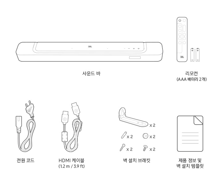 bar 300의 구성품 안내페이지로서 사운드바 및 전원코드, HDMI 케이블 과 리모컨 벽걸이 설치시 필요한 설치 브래킷, 제품 정보 및 벽설치 템플릿이 일러스트로 깔끔하게 하얀 바탕에 진회색의 라인으로 그려져 한 눈에 보기 좋도록 제작되어 있습니다. 