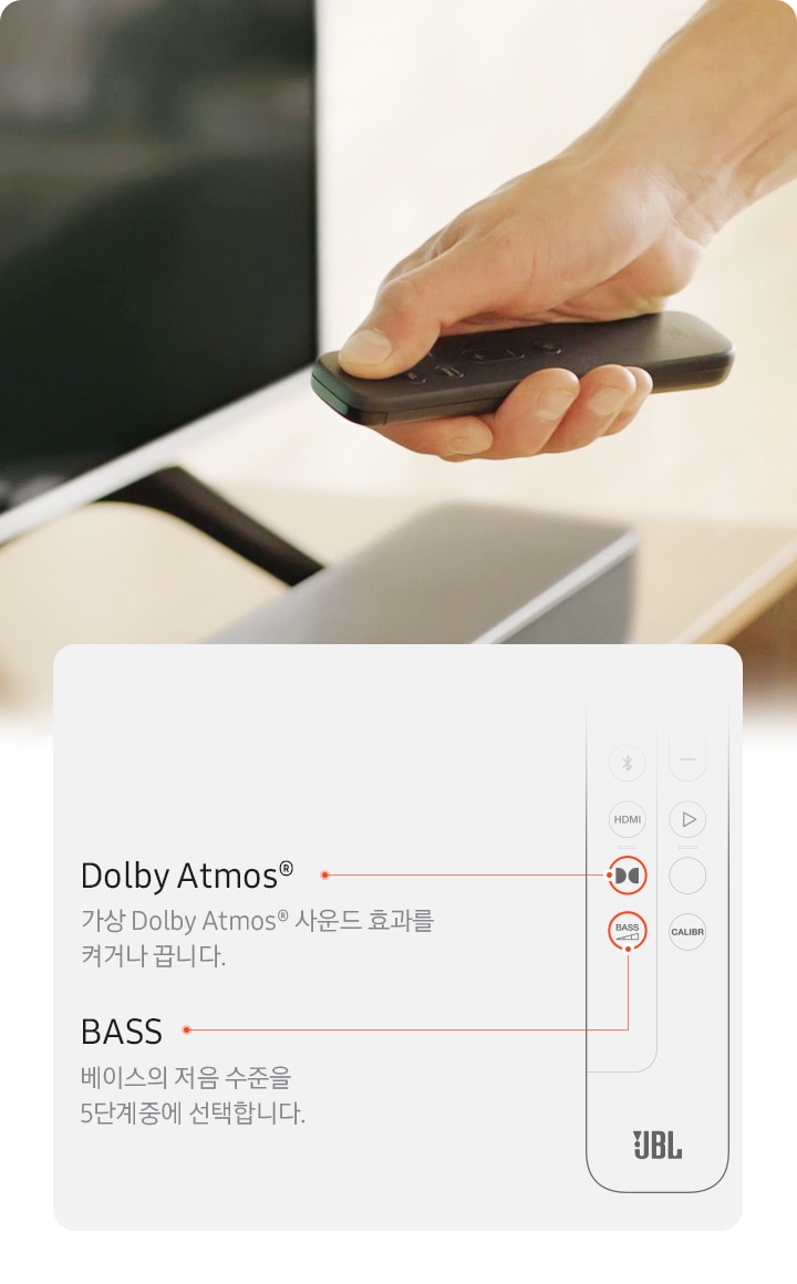 좌측에는 TV 앞에 리모컨을 든 남성의 손이 보이며 우측에는 리모컨 일러스트를 삽입하여 기능에 대해 설명하는 이미지가 들어가있습니다.  크게 두 가지로  나뉘는데 Dolby ATMOS 의 사운드 효과를 제어하는 기능. 서브우퍼의 사운드 레벨을 5단계로 직접 선택할 수 있는 기능이 설명되어 있습니다. 