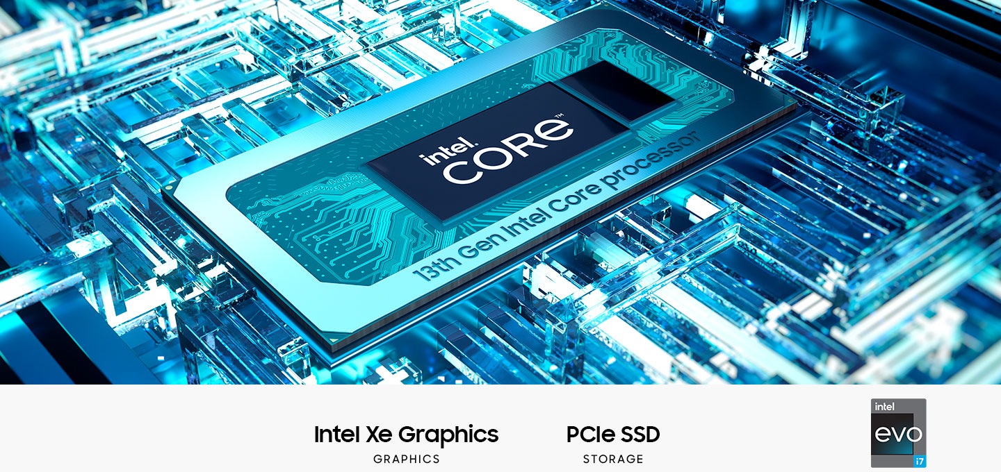 메인보드 안에 연출된 CPU의 연출 이미지가 있습니다. CPU에는 intel® Core™라는 텍스트가 중앙에 있습니다. 하단에는 인텔 Xe 그래픽, PCIe SSD 스토리지라는 텍스트가 쓰여 있으며, Intel Evo i7 및 Intel Evo i5 로고가 표시되어 있습니다.