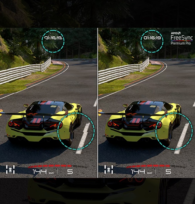 TV 화면을 분할해 AMD FreeSync 기능 on off 를 비교하여 보여줍니다. 좌측 이미지는 프리싱크 기능이 적용되지 않아, 화면의 밀림현상이 보이고 우측 화면은 프리싱크 기능이 적용되어 화면 밀림이 없는 이미지가 보입니다.