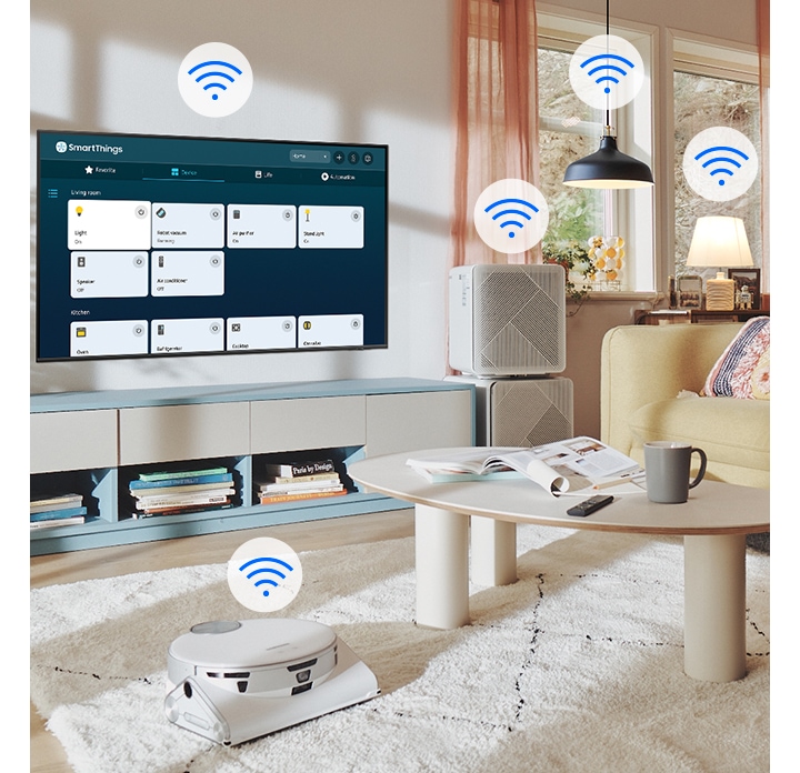 좌측에는 TV와 청소기 공기청정기가 Smartthings로 연결된 이미지가 보입니다. 