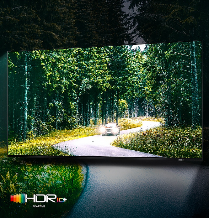 좌측 이미지는 TV 화면에 숲과 자동차가 보입니다. 좌측 상단에는 HDR 10+ 로고가 있습니다.