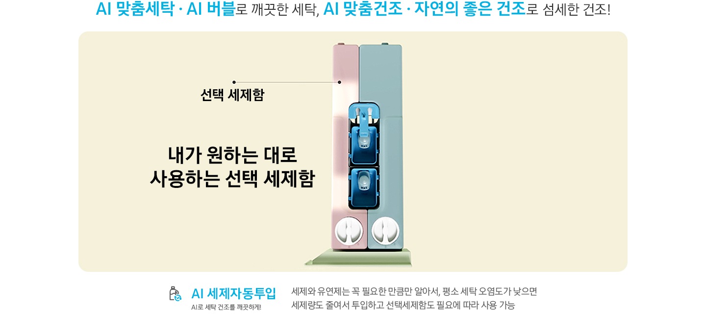 세제자동투입 기능에 대해 보여주고 있습니다.  세제/유연제 자투투입은 기본 선택 세제함을 내가 원하는 대로 사용하는 선책 세제함 설명하는 영상입니다. 영상 하단에는 AI 세제자동투입관련 문구 있습니다. 세제와 유연제는 꼭 필요한 만큼만 알아서, 평소 세탁 오염도가 낮으면 세제량도 줄여서 투입하고 선택세제함도 필요에 따라 사용가능