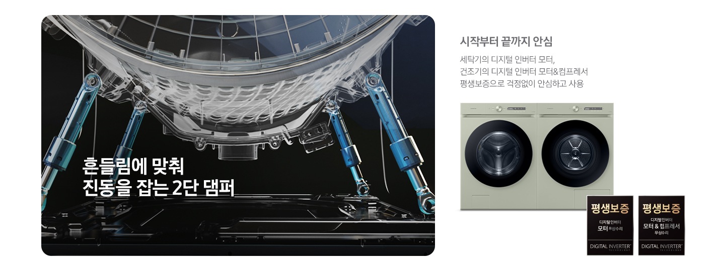 흔들림에 맞춰 진동을 잡는 2단댐퍼 볼밸런서, 진동 감지 센서 위치를 알려주는 영상입니다. 우측에는 병렬 패키지 이미지와 평생보증 디지털 인버터 모터 무상수리 라벨과 디지털 인버터 모터&컴프레서 무상수리 라벨이 보입니다. 패키지 이미지 위에는 아래 문구 있습니다. 시작부터 끝까지 안심 세탁기의 디지털 인버터모터, 건조기의 디지털 인버터 모터&컴프레서 평생 보증으로 걱정없이 안심하고 사용