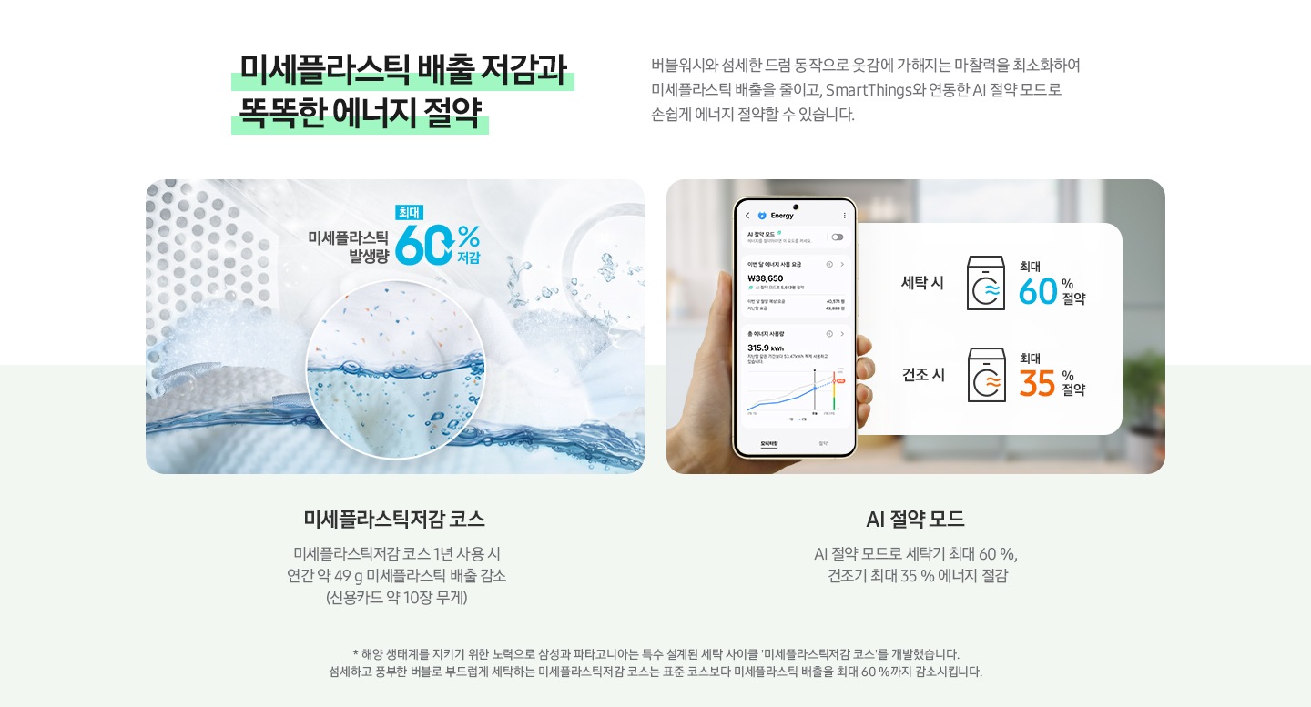 해당 영역은 크게 3개 영역으로 나눨 수 있습니다. 1번 영역에서는 미세플라스틱 배출 저감 영상과 AI 에너지 절약 이미지를 보여주고 있습니다. 내용은 아래와 같습니다. 미세플라스틱 배출 저감과 똑똑한 에너지 절약 버블워시와 섬세한 드럼 동작으로 옷감에 가해지는 마찰력을 최소화하여 미세플라스틱 배출을 줄이고, SmartThings와 연동한 AI 절역모드로 손쉽게 에너지 절약할 수 있습니다. 미세플라스틱저감 코스 미세플라스틱저감 코스 1년 사용시 연간 약 49 g 미세플라스틱 배출 감소 (신용카드 약 10장 만큼 무게) AI 에너지 절약 AI 절약모드로 세탁기 최대 60%, 건조기 최대 35% 에너지 절감