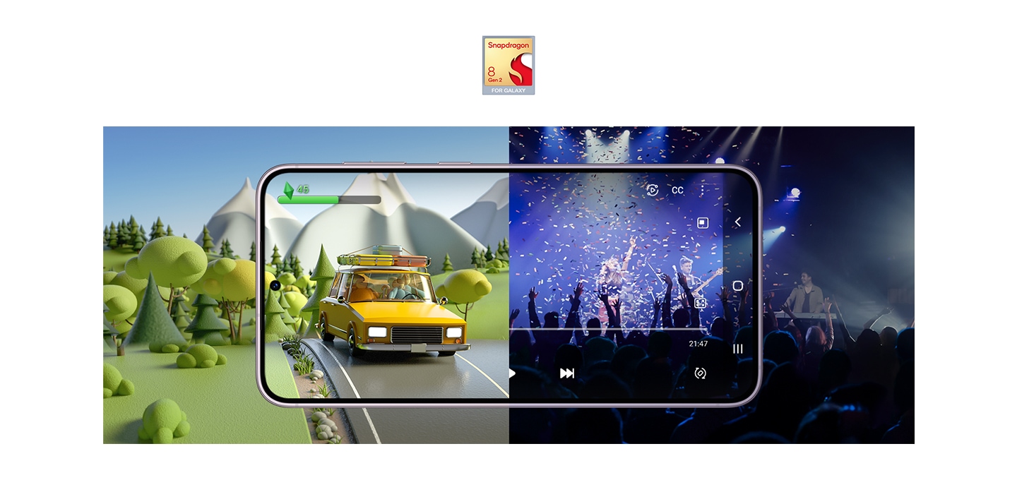 전면으로 놓인 갤럭시 S23+에서 분활 이미지로, 왼쪽에 게임화면, 오른쪽에 영상이 실행되고 있는 설정 이미지 입니다.