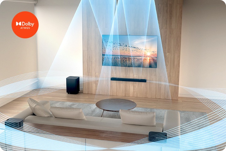 거실에 설치되어 있는 전방의 TV와 사운드바와 우측에 서브 우퍼, 소파 뒤에 있는 2개의 분리형 스피커로 인해 Dolby ATMOS로 더욱 실감나는 서라운드 사운드의 음파 효과를 표현하고 있습니다.  