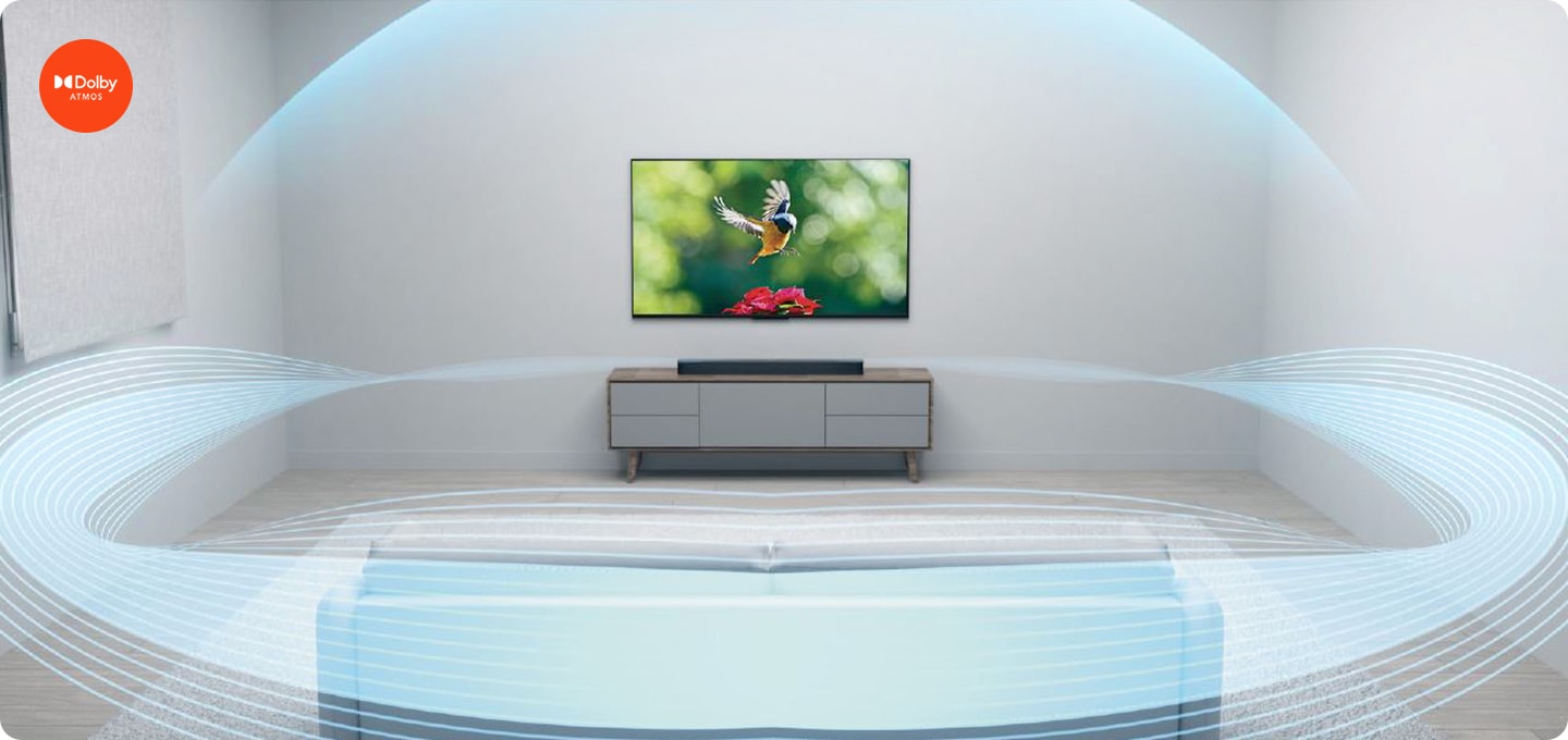 거실에 설치되어 있는 전방의 TV와 사운드바와 우측에 서브 우퍼, 소파 뒤에 있는 2개의 분리형 스피커로 인해 Dolby ATMOS로 더욱 실감나는 서라운드 사운드의 음파 효과를 표현하고 있습니다.  