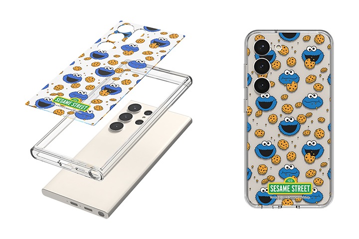 왼쪽에는 갤럭시 S23 Ultra에 플레이트, 투명 케이스 구성이 있고, 왼쪽에는 갤럭시 s23 세서미 스트리트 플레이트 케이스 정면 이미지가 있습니다.