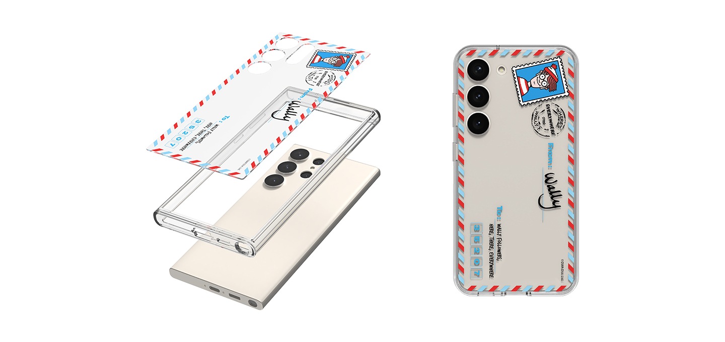 왼쪽에는 갤럭시 S23 Ultra에 플레이트, 투명 케이스 구성이 있고, 왼쪽에는 갤럭시 s23 월리를 찾아라 플레이트 케이스 정면 이미지가 있습니다.