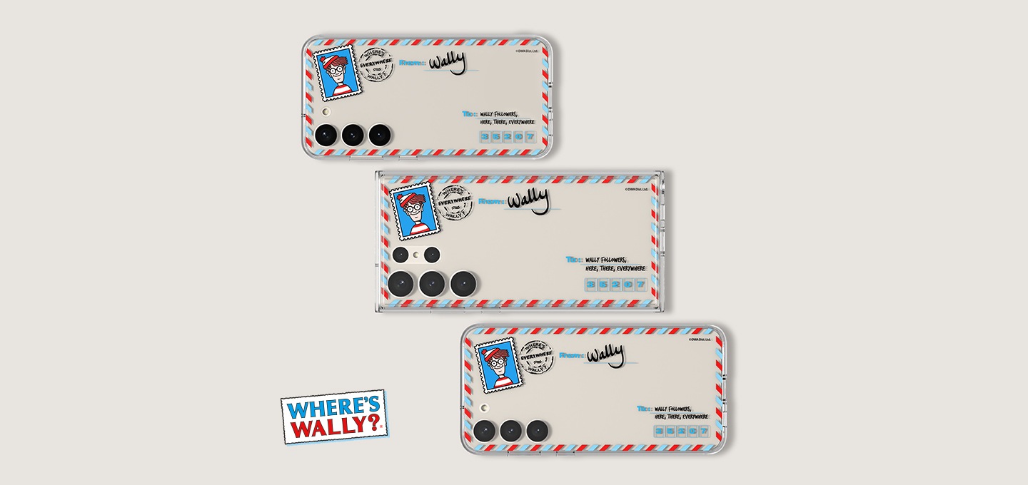 회색 배경이 보여집니다. 왼쪽 중앙하단에 월리를 찾아라 로고가 보여지며 위에서부터 차례대로 갤럭시 월리를 찾아라 플레이트 (프레임 케이스 전용)을 장착한 3개의 갤럭시 S23, S23+, S23 Ultra가 보여집니다.