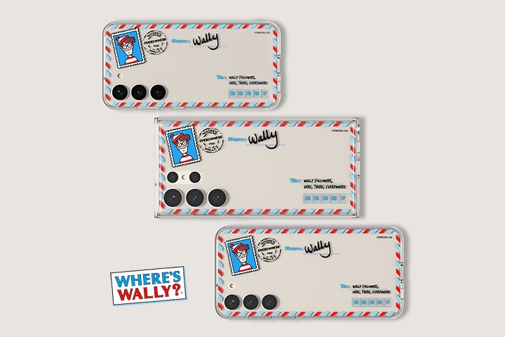 회색 배경이 보여집니다. 왼쪽 중앙하단에 월리를 찾아라 로고가 보여지며 위에서부터 차례대로 갤럭시 월리를 찾아라 플레이트 (프레임 케이스 전용)을 장착한 3개의 갤럭시 S23, S23+, S23 Ultra가 보여집니다.