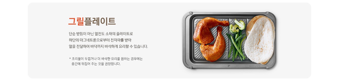 [좌측 텍스트] 그릴플레이트 단순 받침이 아닌 열전도 소재의 플레이트로 하단의 마그네트론으로부터 전자파를 받아 열을 전달하여 바닥까지 바닥하게 요리할 수 있습니다. * 조리물이 두겁거나 더 바삭한 요리를 권장하는 경우에는 중간에 뒤집어 주는 것을 권장합니다. [우측 이미지] 그릴플레이트 탑뷰 제품컷이 있으며, 플레이트 위로 좌측부터 훈제 닭다리 2개, 브로콜리와 그린빈, 난 이 올려져 있습니다.