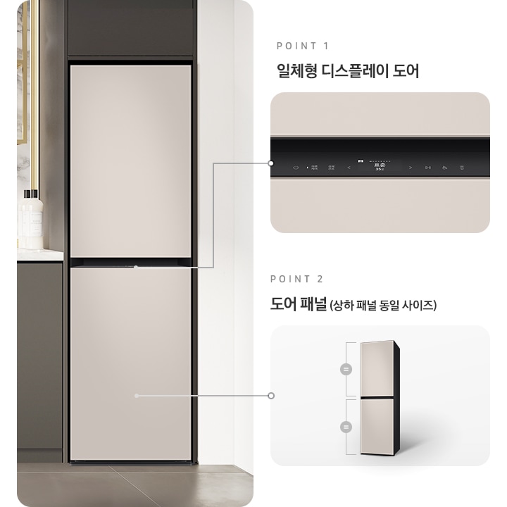 죄측에는 주방에 있는 에어드레서를 보여주고 있습니다. 우측에는 일체형 디스플레이 도어 확대컷을 보여주고 있고, 우측 하단에는 도어 패널 상하 동일 사이즈 이미지 보여주고 있습니다.