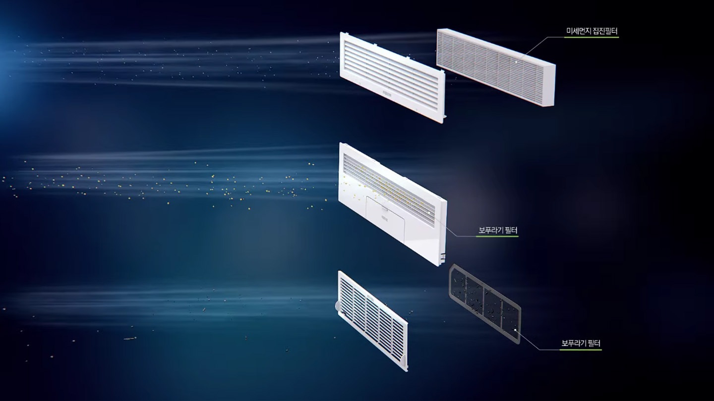 미세먼지 집진필터, 보푸라기 필터가 기기 내부에 먼지 쌍이지 않도록 막고 있는 영상입니다.