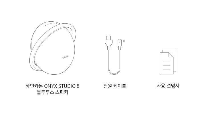 ONYX STUDIO 8 의 구성품 안내이미지입니다. 좌측부터 스피커 본체 모양의 일러스트와 하만카톤 ONYX STUDIO 8 블루투스 스피커라는 문구, 전원코드 모양의 일러스트와 전원 케이블 이라는 문구, 종이 모양의 일러스트와 사용 설명서라는 문구가 배치되어 있습니다.