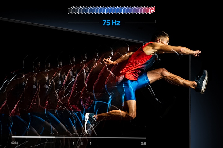 75 Hz 주사율이 적용된 모니터의 모습을 높이뛰기 선수의 경기장면 모습으로 표현하고 있습니다.
