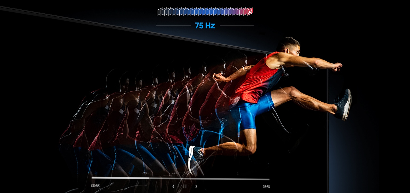 75 Hz 주사율이 적용된 모니터의 모습을 높이뛰기 선수의 경기장면 모습으로 표현하고 있습니다.