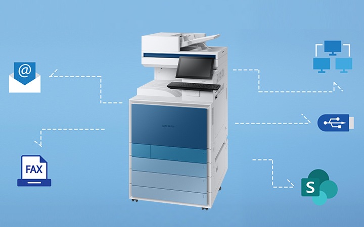 MX9 제품과 이메일, SharePoint, 네트워크 폴더, USB 드라이브, 팩스 아이콘이 각각 연결된 이미지