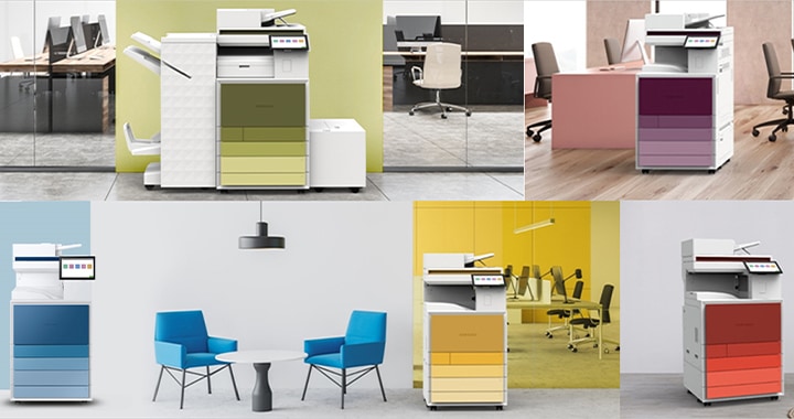 왼쪽 상단부터 사무실로 보이는 곳 앞 복도에 설치 되어있는 A3 컬러 디지털 복합기가 보입니다. 복합기의 색상은 연두색이며, 벽면 또한 연두색입니다. 해당 이미지 바로 옆에는 핑크톤의 사무실에 설치 되어있는 A3 컬러 디지털 복합기 분홍색이 보이며, 하단 제일 왼쪽에는 화이트톤 테이틀과 푸른색 의자가 두개 놓여있으며 그 오른쪽에 A3 디지털 복합기 파란색 컬러 제품이 보입니다. 옆에는 회의실 바깥 복도쪽에 설치 되어있는 A3 디지털 복합기 노란색 컬러 제품, 그 옆에는 그레이톤 벽면 앞에 오른쪽 15도로 회전 되어있는 A3 컬러 디지털 복합기 레드 컬러가 보입니다.