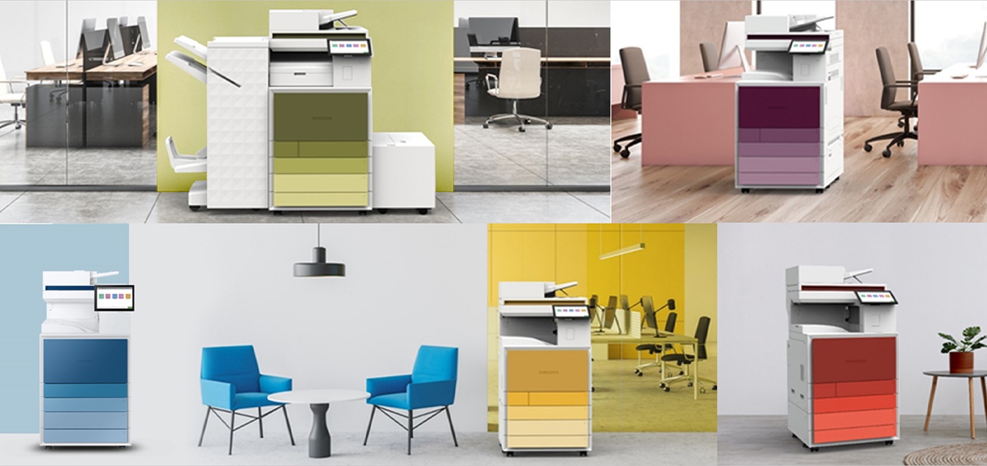 왼쪽 상단부터 사무실로 보이는 곳 앞 복도에 설치 되어있는 A3 컬러 디지털 복합기가 보입니다. 복합기의 색상은 연두색이며, 벽면 또한 연두색입니다. 해당 이미지 바로 옆에는 핑크톤의 사무실에 설치 되어있는 A3 컬러 디지털 복합기 분홍색이 보이며, 하단 제일 왼쪽에는 화이트톤 테이틀과 푸른색 의자가 두개 놓여있으며 그 오른쪽에 A3 디지털 복합기 파란색 컬러 제품이 보입니다. 옆에는 회의실 바깥 복도쪽에 설치 되어있는 A3 디지털 복합기 노란색 컬러 제품, 그 옆에는 그레이톤 벽면 앞에 오른쪽 15도로 회전 되어있는 A3 컬러 디지털 복합기 레드 컬러가 보입니다.