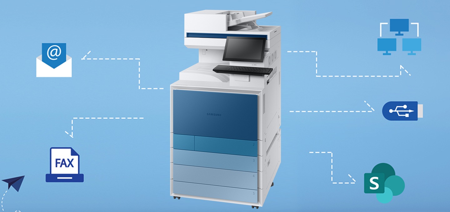 MX9 제품과 이메일, SharePoint, 네트워크 폴더, USB 드라이브, 팩스 아이콘이 각각 연결된 이미지