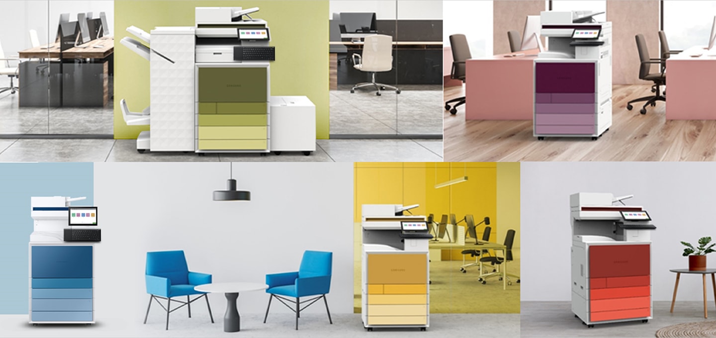 왼쪽 상단부터 사무실로 보이는 곳 앞 복도에 설치 되어있는 A3 컬러 디지털 복합기가 보입니다. 복합기의 색상은 연두색이며, 벽면 또한 연두색입니다. 해당 이미지 바로 옆에는 핑크톤의 사무실에 설치 되어있는 A3 컬러 디지털 복합기 분홍색이 보이며, 하단 제일 왼쪽에는 화이트톤 테이틀과 푸른색 의자가 두개 놓여있으며 그 오른쪽에 A3 디지털 복합기 파란색 컬러 제품이 보입니다. 옆에는 회의실 바깥 복도쪽에 설치 되어있는 A3 디지털 복합기 노란색 컬러 제품, 그 옆에는 그레이톤 벽면 앞에 오른쪽 15도로 회전 되어있는 A3 컬러 디지털 복합기 레드 컬러가 보입니다.