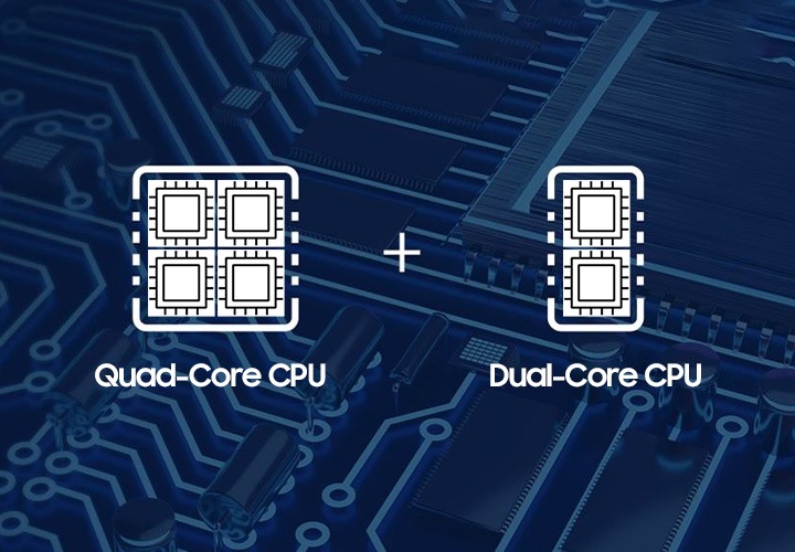 쿼드코어 CPU 아이콘에 듀얼코어 CPU 아이콘을 합친 이미지