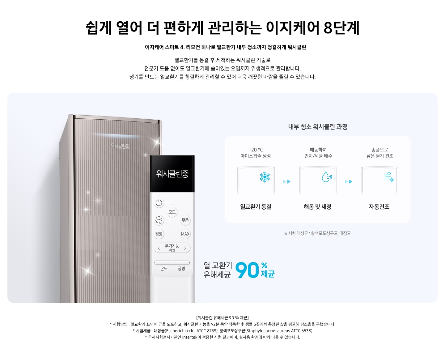 쉽게 열어 더 편하게 관리하는 이지케어 8단계 이지케어 스마트 4 리모컨 하나로 열교환기 내부 청소까지 청결하게 워시클린 열교환기를 동결 후 세척하는 워시클린 기술로 전문가 도움 없이도 열교환기에 숨어있는 오염까지 위생적으로 관리합니다.냉기를 만드는 열교환기를 청결하게 관리할 수 있어 더욱 깨끗한 바람을 즐길 수 있습니다. 설명이 보여지며  에어컨이 왼쪽에 배치되어 있고 그 옆에 리모컨이 크게 보여지고 있다. 오른쪽 이미지에는 리모컨의 버튼 하나로 내부 청소를 할 수 있는 내용을 보여주고 있다.  내부 청소 워시클린 과정 120도 아이스캡슐 열교환기 동결, 해동하여 먼지/세균 배수 해동 및 세정 , 송풍으로 남은 물기 건조 자동건조 문구가 보여집니다. 하단에 참고 사항 [워시클린 유해세균 90 % 제균] 1. 시험방법 : 열교환기 표면에 균을 도포하고, 워시클린 기능을 92분 동안 작동한 후 샘플 3곳에서 측정된 값을 평균해 감소율을 구했습니다.  2. 시험세균 : 대장균(Escherichia cloi ATCC 8739), 황색포도상구균(Staphylococcus aureus ATCC 6538) 3.국제시험검사기관인 Intertek이 검증한 시험 결과이며, 실사용 환경에 따라 다를 수 있습니다. 