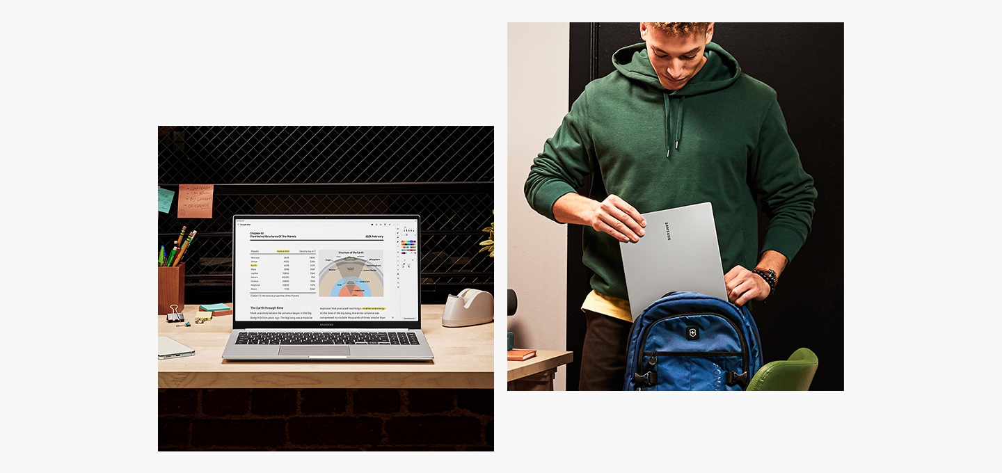 좌측 이미지에는 실버 색상의 갤럭시 북3가 사무실 책상 위에 놓인 채로 정면을 향해 열려있습니다. 화면에는 Samsung Notes 애플리케이션이 켜져 있는 상태입니다. 우측 이미지에는 캐주얼한 차림의 남성이 실버 컬러의 갤럭시 북3를 백팩에 넣고 있습니다.