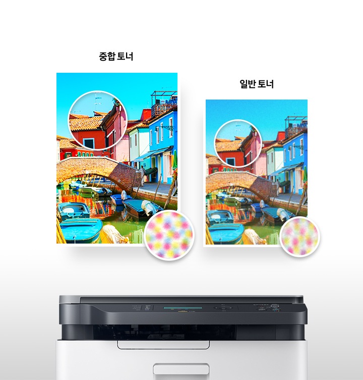 이미지 왼쪽 부분에는 중합 토너를 사용하여 출력한 출력물이 있고 이미지 오른쪽 부분에는 일반 토너를 사용하여 출력한 출력물이 배치되어 있습니다. 각각 이미지 오른쪽 하단 부분에는 중합 토너와 일반 토너가 출력된 부분을 확대하여 차이점을 보여주는 이미지가 있습니다. 출력물 하단에는 프린터 정면 이미지가 있습니다.